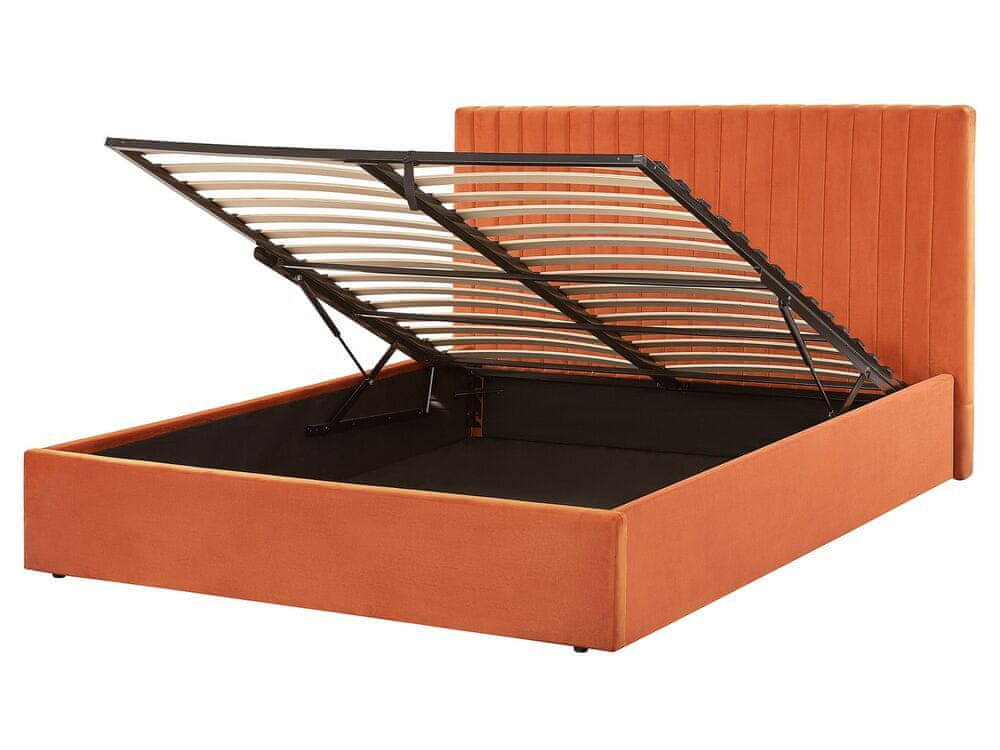 Beliani Zamatová posteľ s úložným priestorom 160 x 200 cm oranžová VION